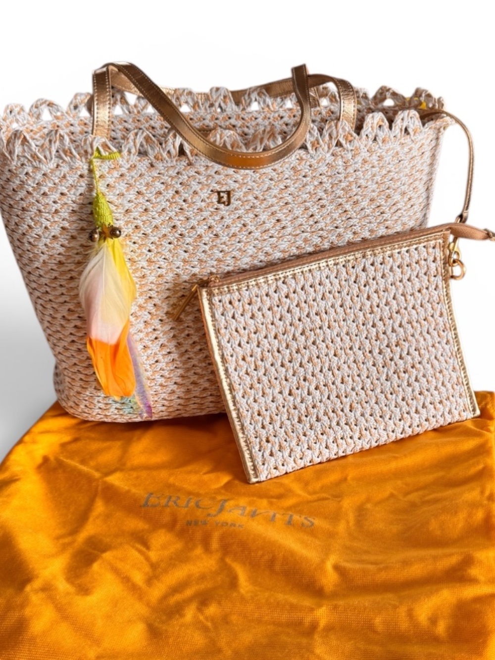 ERIC JAVITS Woven Metallic Tote + Matching Pouch | Dust Bag Included | Resort Lu